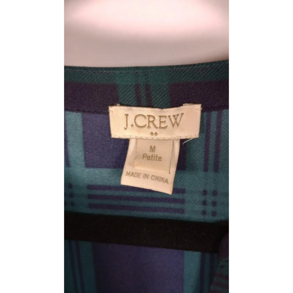 J Crew Green Navy Tartan Plaid Bell Sleeve Blouse Womens Medium Petite H1076